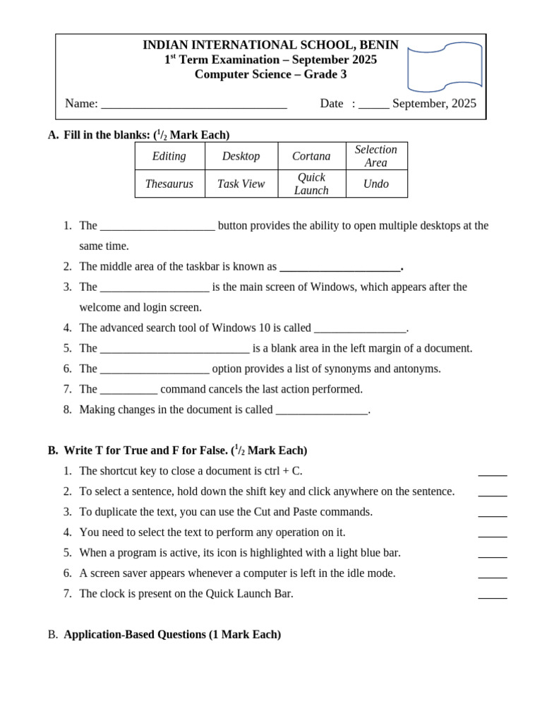 Grade 3 Computer Science Exam 2025 | PDF | System Software | Graphical ...