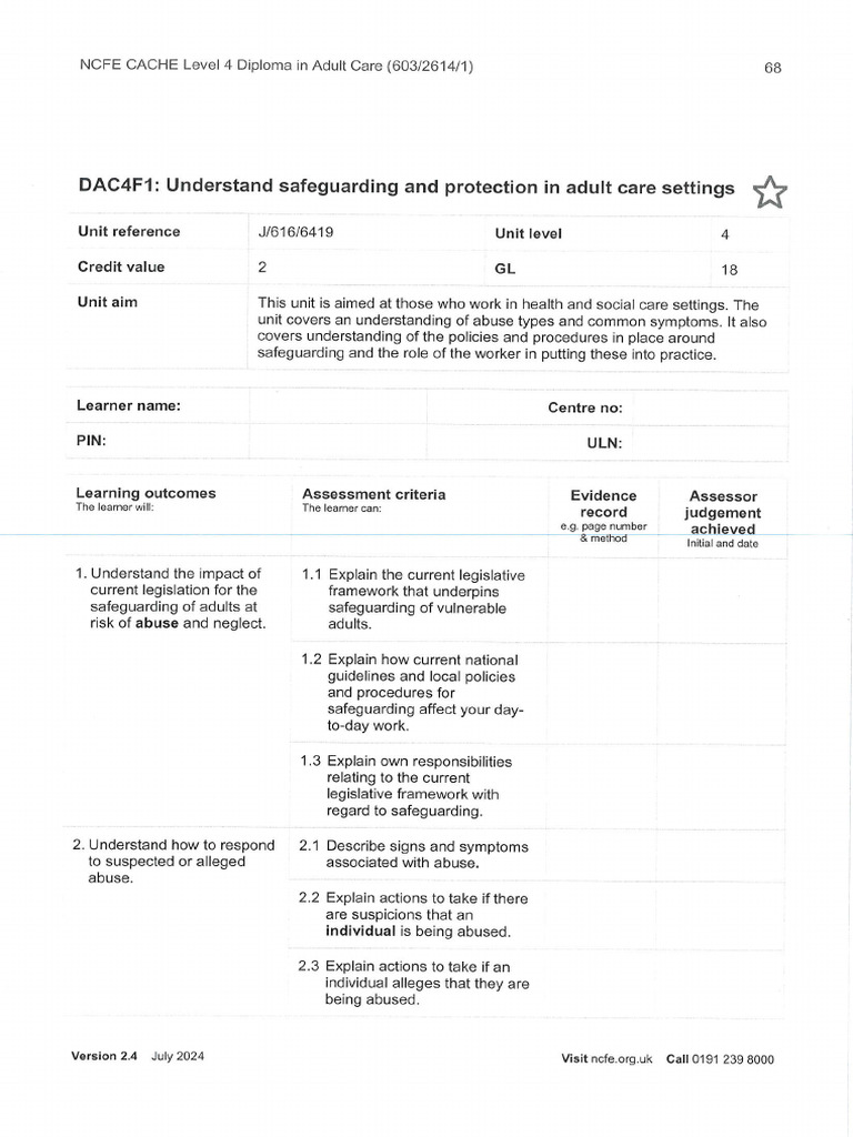 DAC4F1 Understand Safeguarding and Protection in Adult Care Settings | PDF