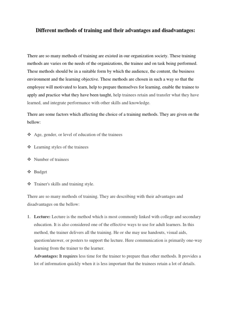 Different Methods of Training and Their Advantages and Disadvantages Facilitator Lecture