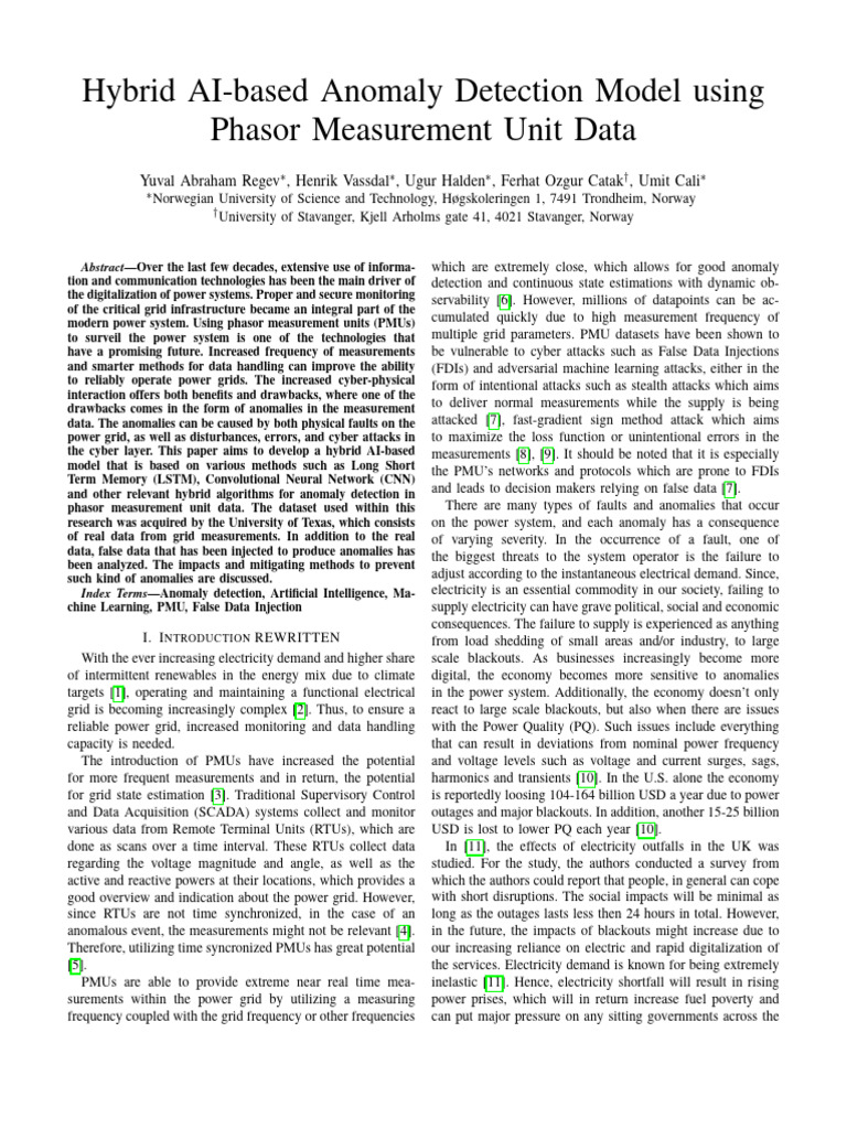 Hybrid AI Model for PMU Anomaly Detection | PDF | Applied Mathematics