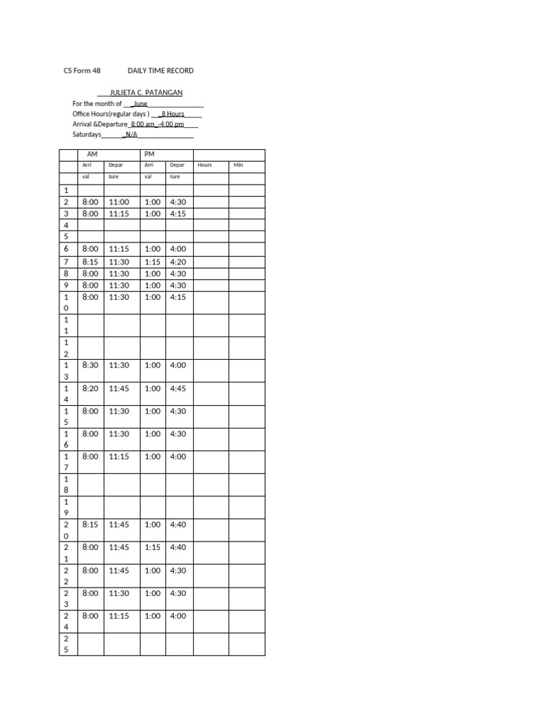Daily Time Record - CS Form 48 | PDF