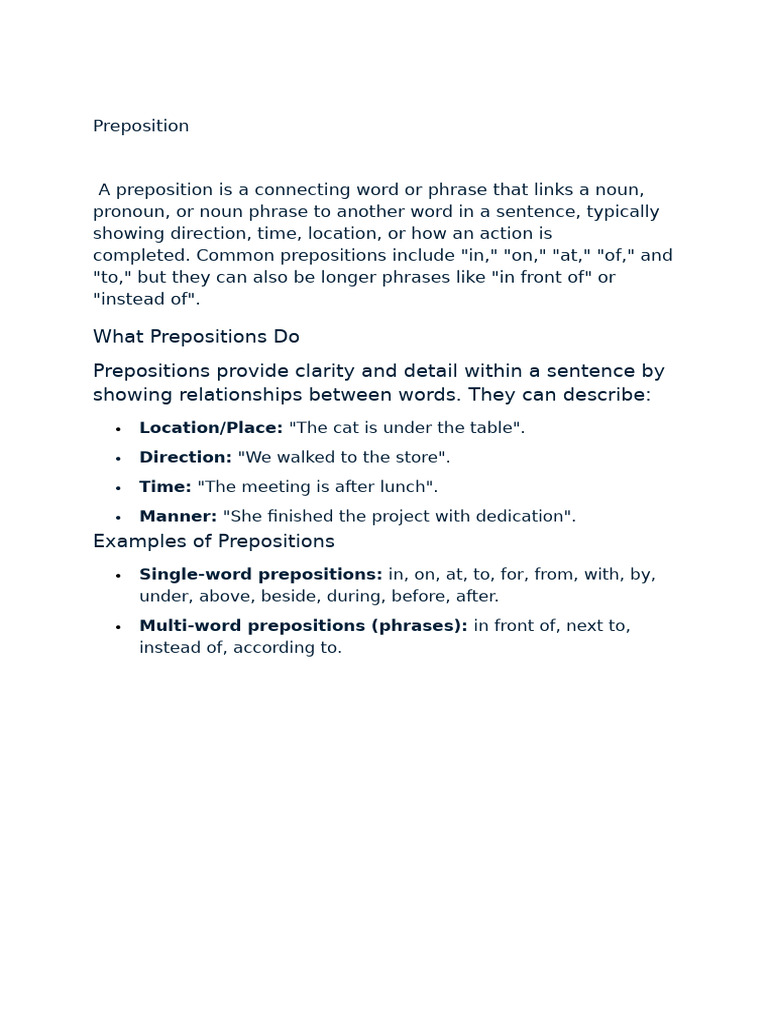 Understanding Prepositions and Their Uses | PDF