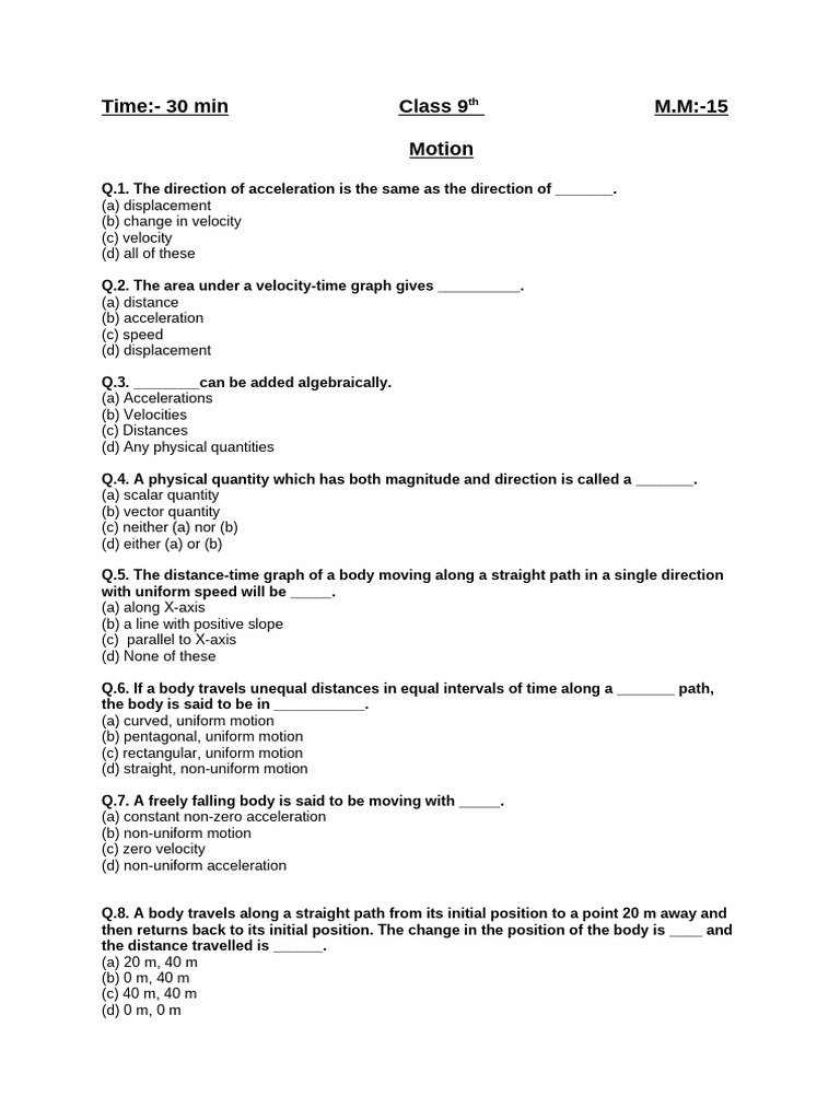 Class 9 Science: Motion MCQs | PDF | Acceleration | Velocity