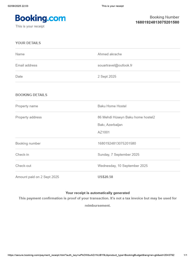 Booking Payement Receipt | PDF