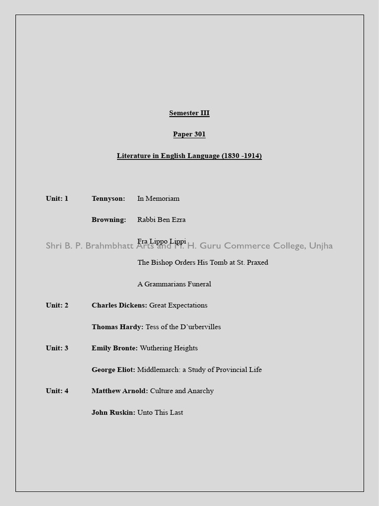 MA SEM III 301 Literature in English Language (1830 - 1914) | PDF ...