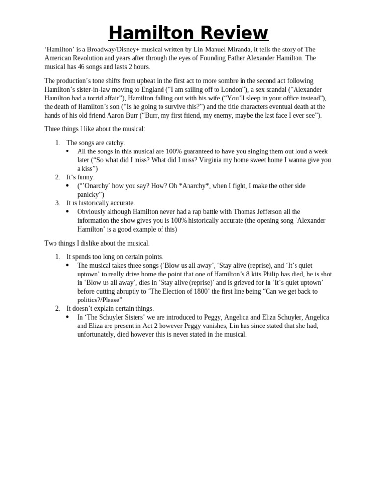 Hamilton Musical Review and Insights | PDF