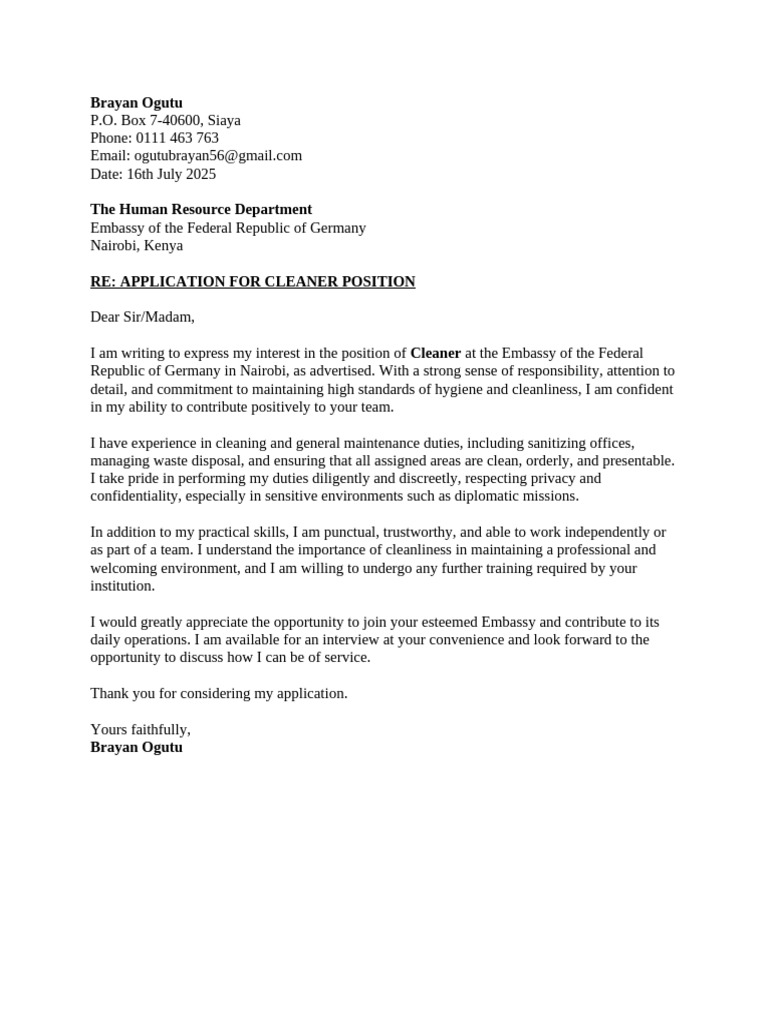 Application for Cleaner Position | PDF
