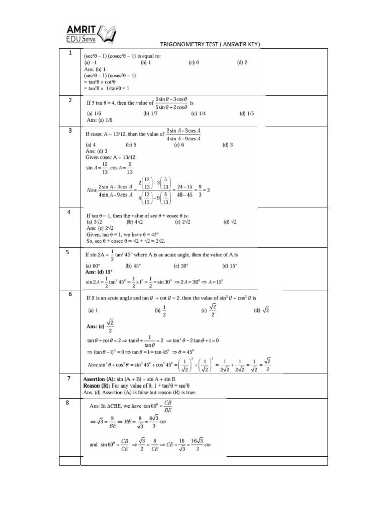 Trigonometry Test Answer Key | PDF