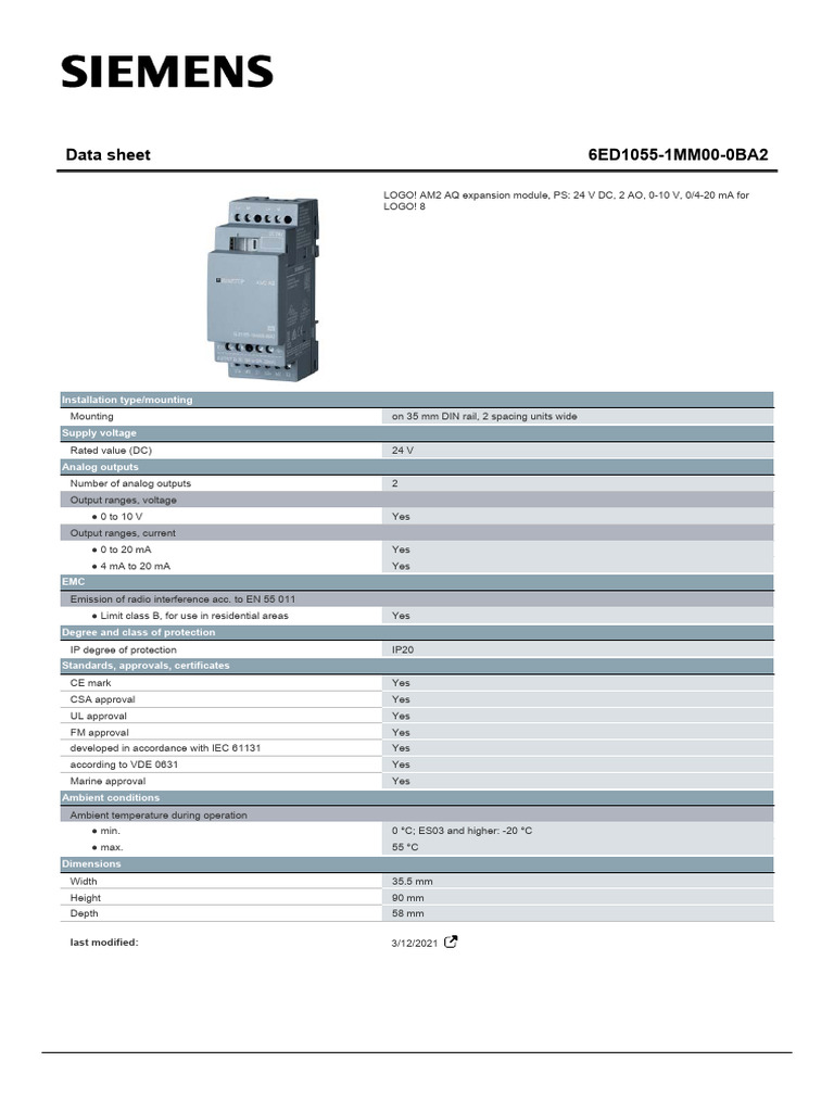 LOGO! AM2 AQ Expansion Module Datasheet | PDF