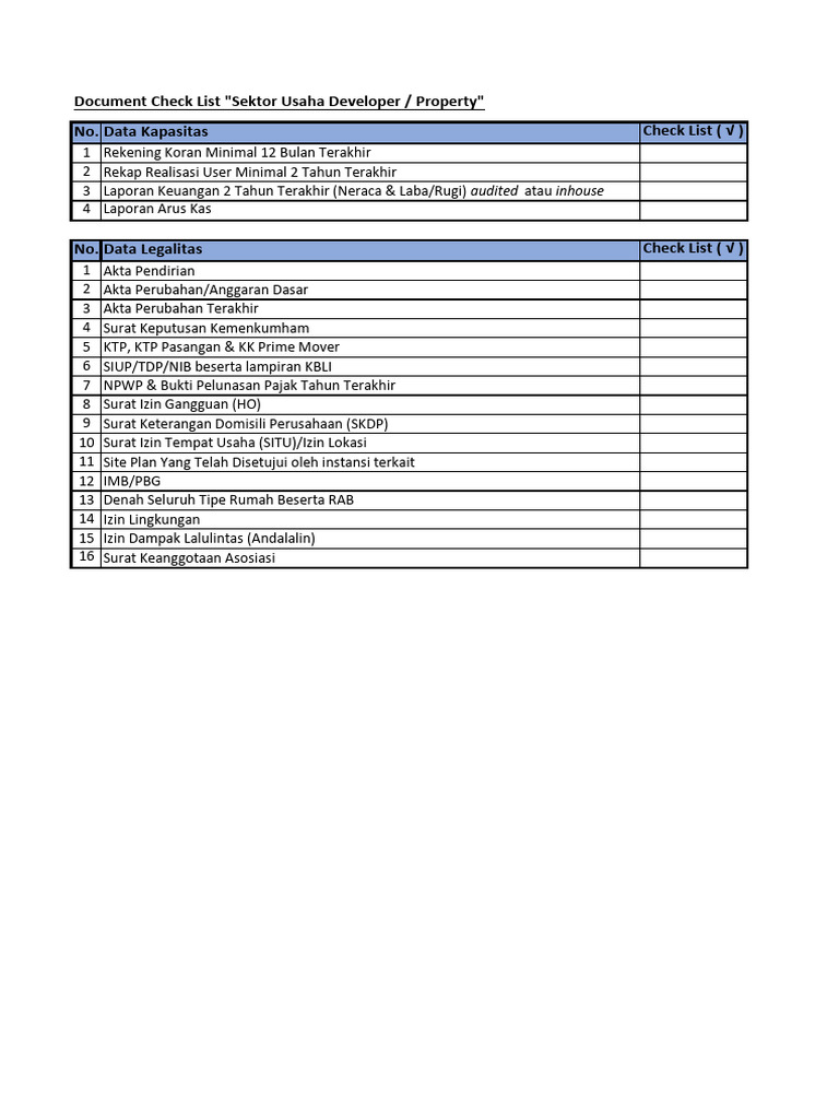 Checklist Legalitas Developer Properti | PDF
