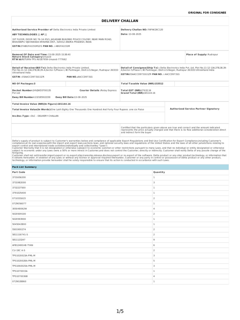 Delta Electronics Delivery Challan | PDF | International Trade ...