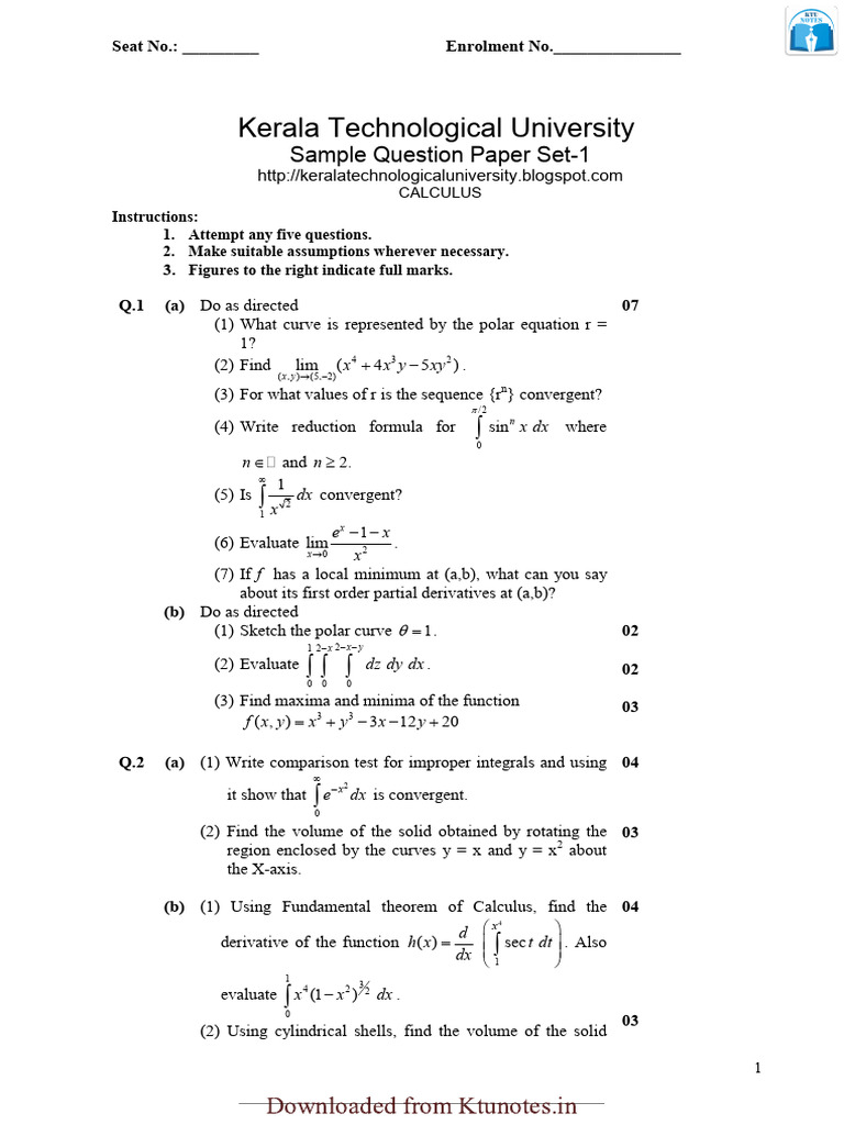 Calculus Model Qns-Ktunotes - in | PDF | Integral | Calculus