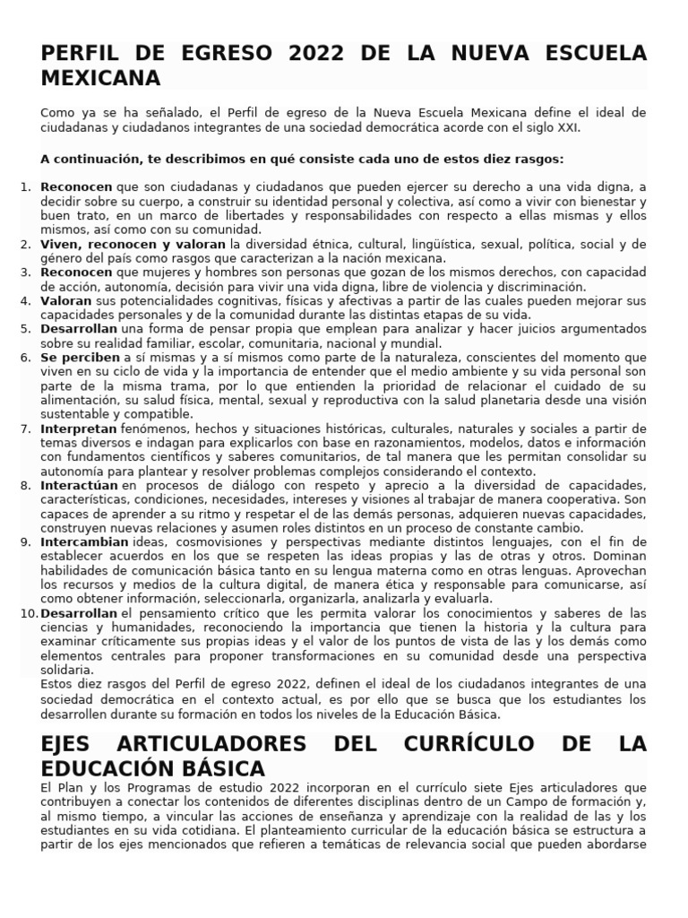 Perfil de Egreso 2022: Nueva Escuela Mexicana | PDF | Plan de estudios ...