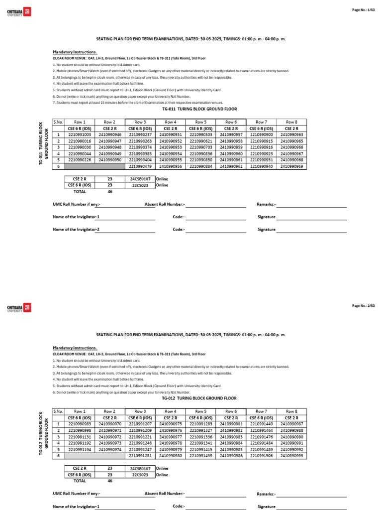 CSE 2R Exam Instructions and Seating Plan | PDF | Identity Document