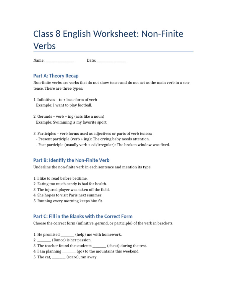 Non-Finite Verbs Worksheet for Class 8 | PDF
