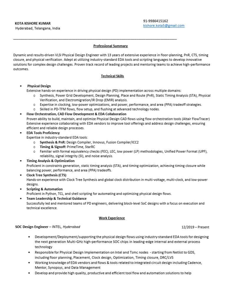 VLSI Physical Design Engineer Profile | PDF | Electronic Engineering ...