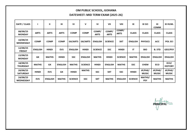 Class 9 Mid Term Date Sheet 2025-26 | PDF