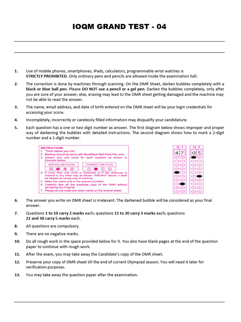 IOQM Grand Test 04 Exam Instructions | PDF | Polynomial | Numbers