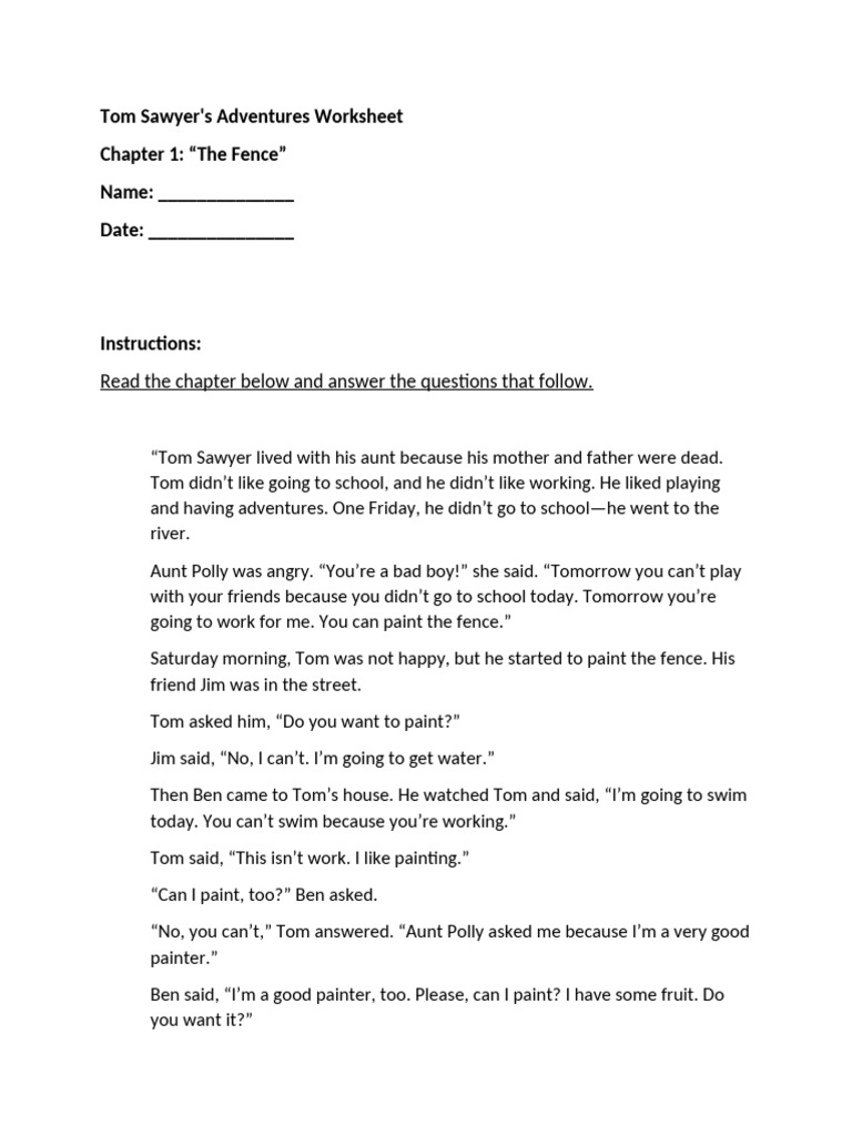 Tom Sawyer Chapter 1 Worksheet | PDF