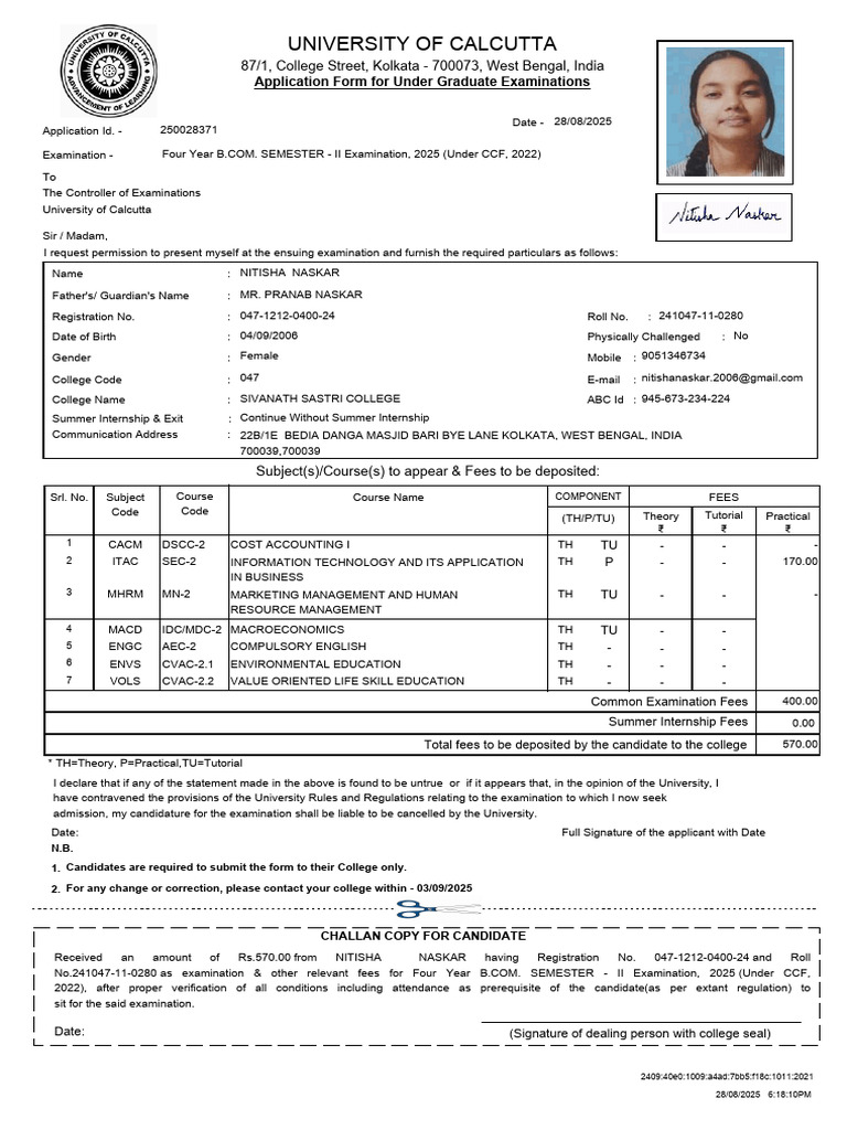 Calcutta University UG Exam Application Form | PDF