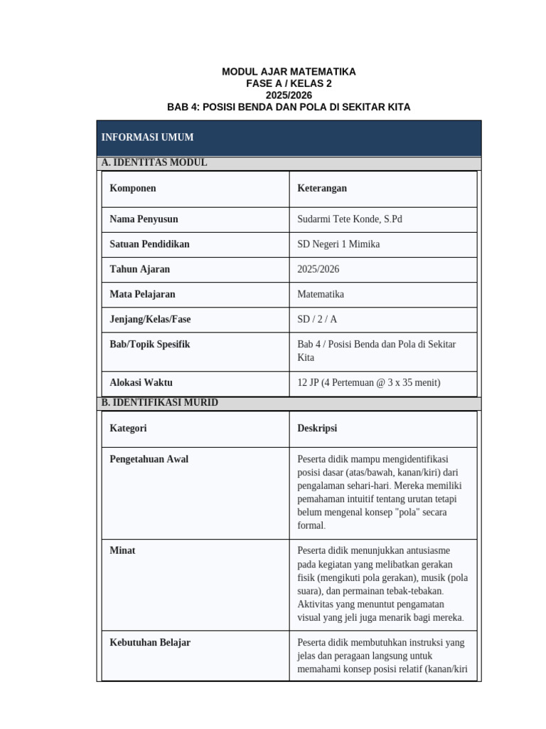 Modul Ajar Matematika Kelas 2: Pola & Posisi | PDF