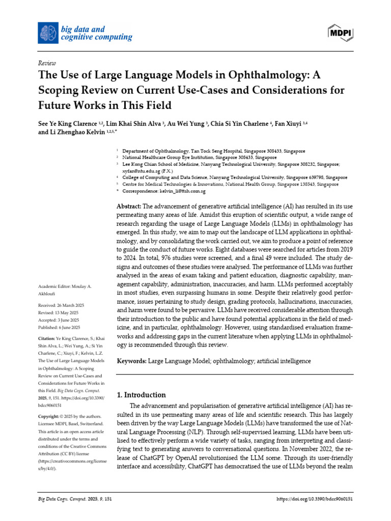 The Use of Large Language Models in Ophthalmology: A Scoping Review On ...
