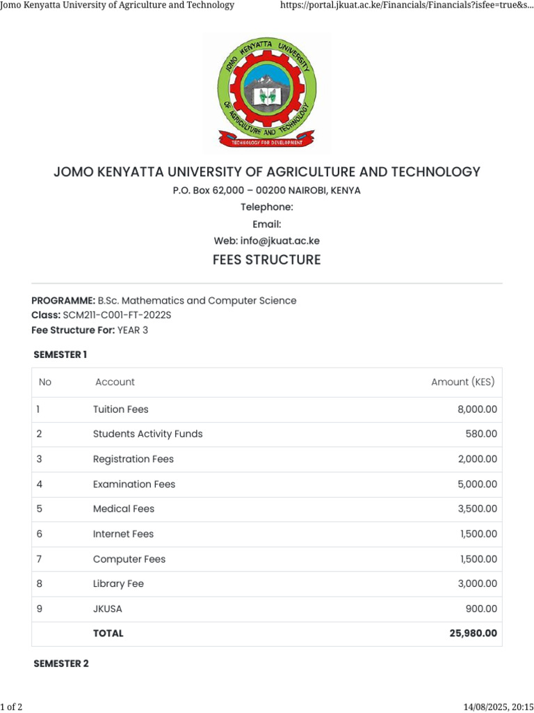 JKUAT 2025 Fee Structure Overview | PDF