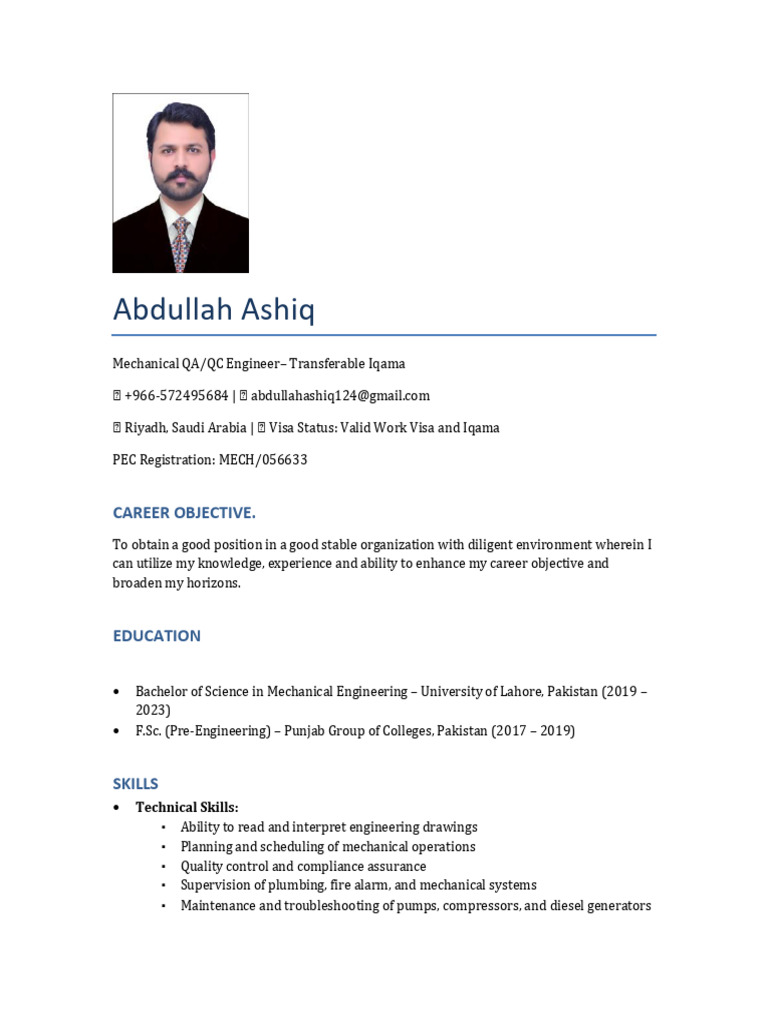 Abdullah Ashiq: Mechanical QA/QC Engineer | PDF | Quality Assurance ...