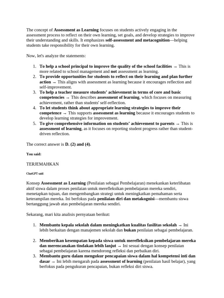 The Concept of Assessment As Learning Focuses On Students Actively ...