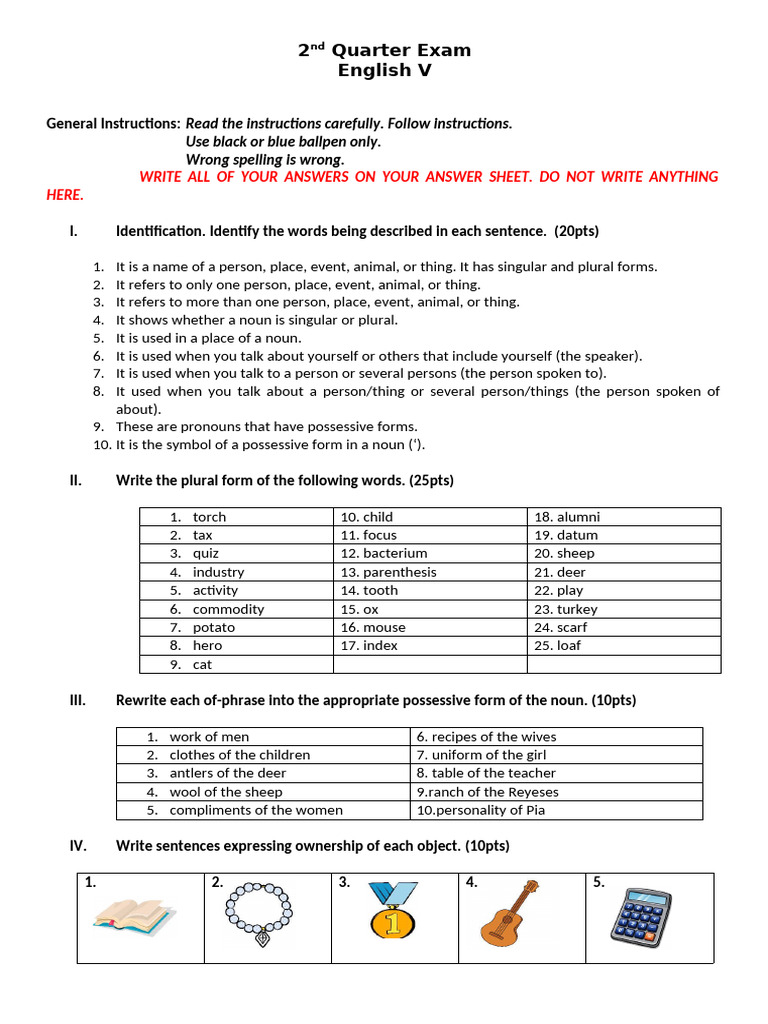 English V Exam: Nouns and Pronouns | PDF | Plural | Grammatical Number