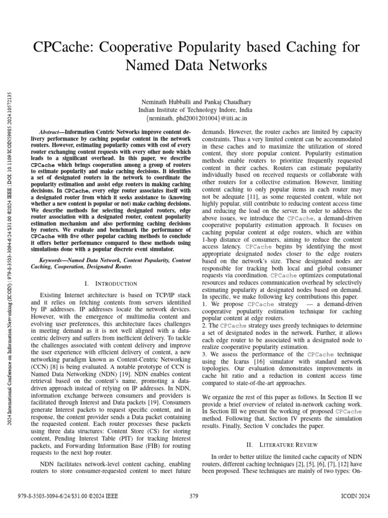 CPCache: Cooperative Caching in NDN | PDF | Computer Network | Cache ...