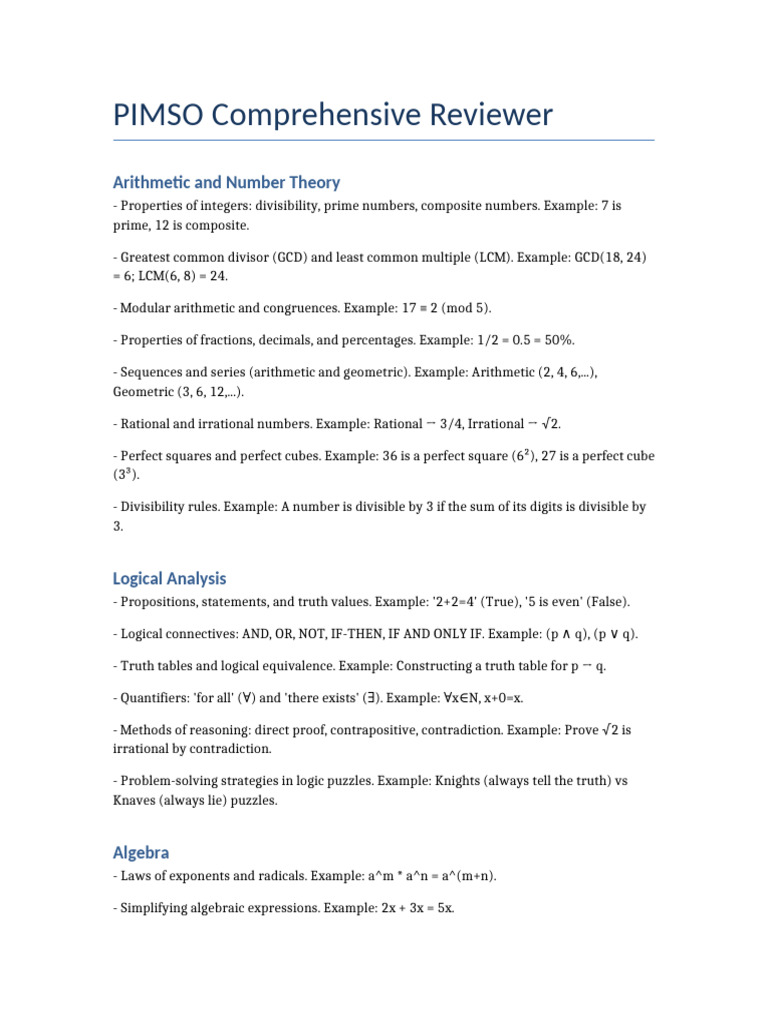 PIMSO Reviewer: Math Concepts Overview | PDF | Numbers | Algebra