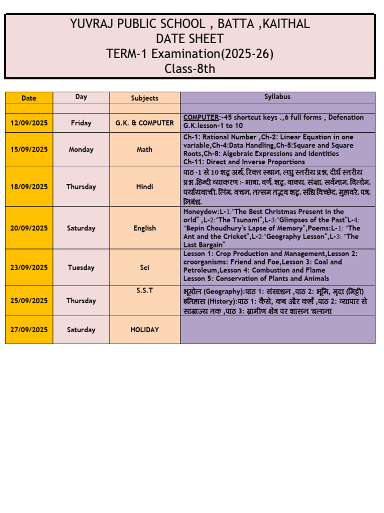 Class 8 Term-1 Exam Schedule 2025-26 | PDF | Algebra | Mathematics