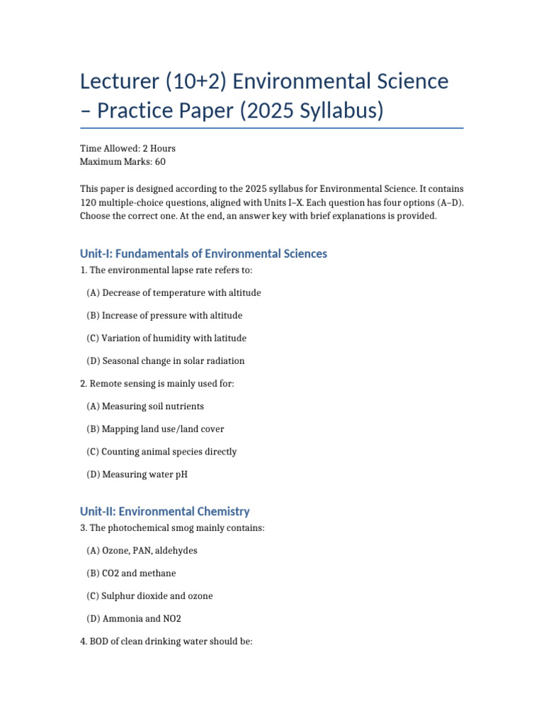 Environmental Science Practice Paper 2025 | PDF | Nature | Natural ...