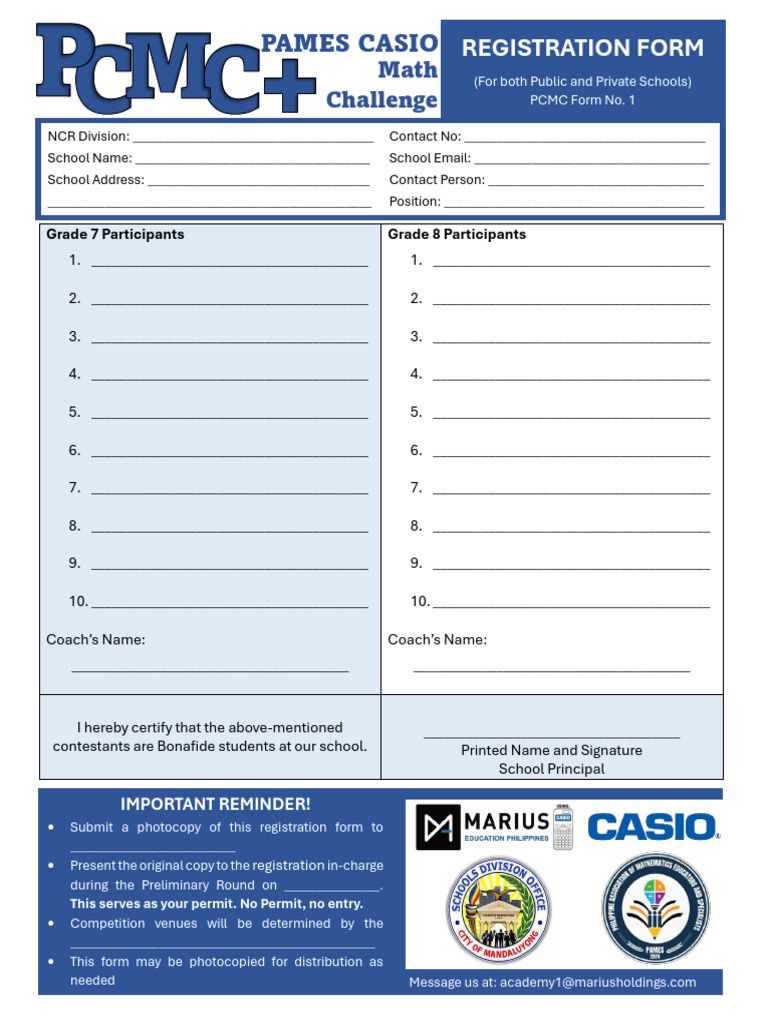 PCMC Math Challenge Registration Form | PDF | Chess | Chess Theory