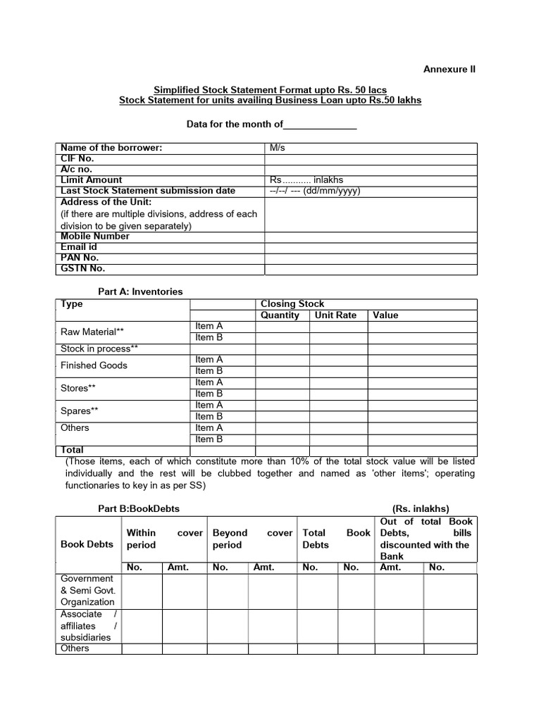 Stock Statement Format for Business Loans | PDF | Debt | Banks