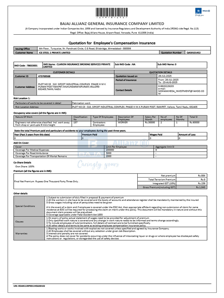 Employee Compensation Insurance Quotation | PDF | Insurance | Employment