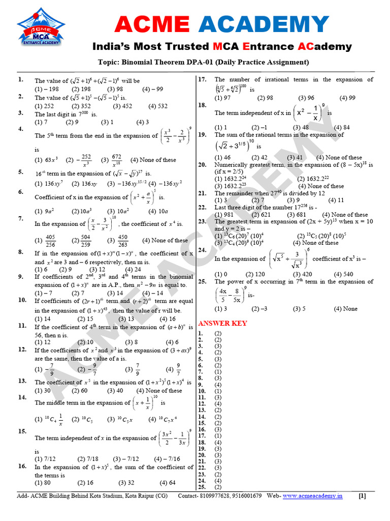 Binomial Theorem Practice Questions | PDF | Chess Theory | Mathematics