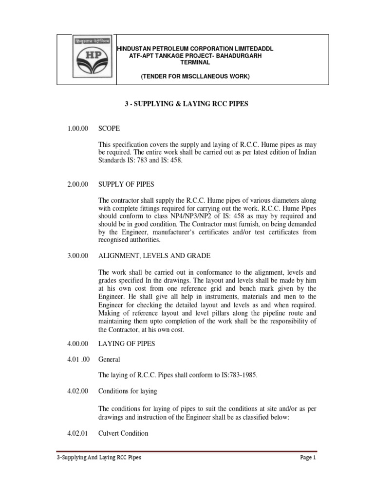 Supply and Laying of RCC Pipes | PDF | Pipe (Fluid Conveyance ...