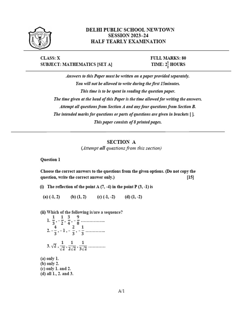Class X Mathematics Half-Yearly Exam | PDF | Cartesian Coordinate ...