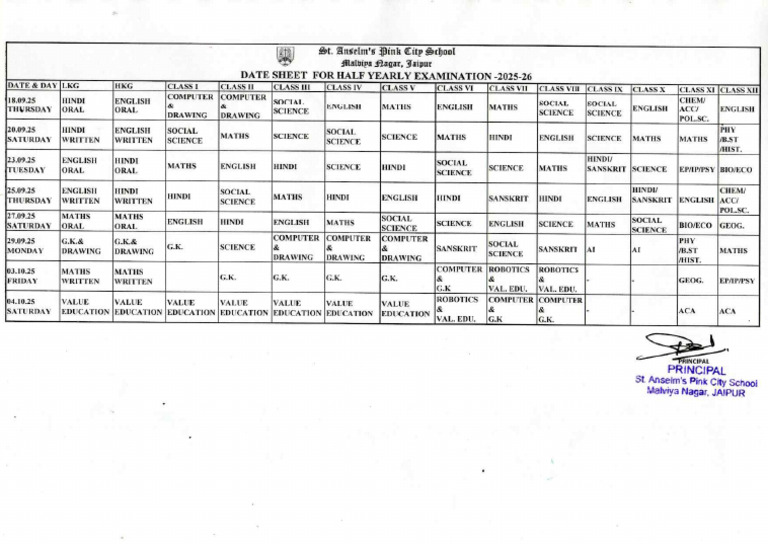 Half Yearly Examination 2025 Date Sheet | PDF