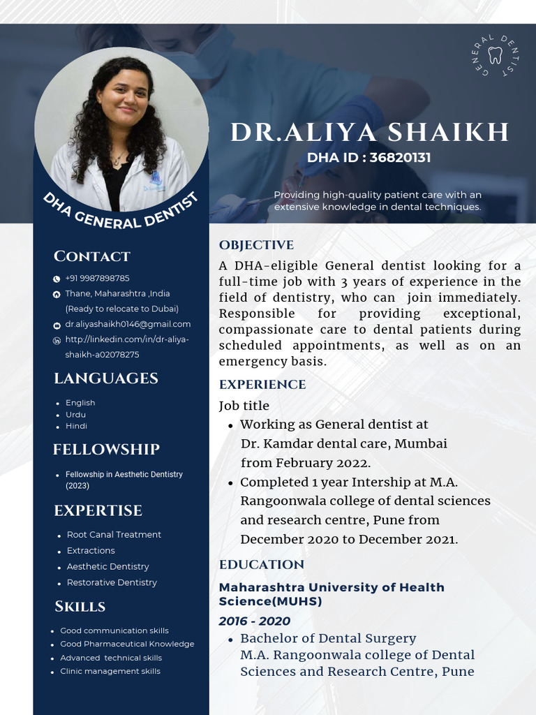CV - DR Aliya Shaikh - Compressed | PDF | Dentistry | Health Care