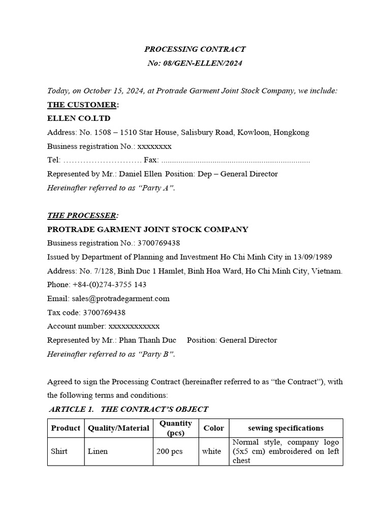 Processing Contract between Ellen Co. Ltd and Protrade | PDF | Breach ...