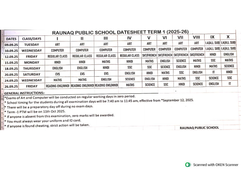 Term 1 Datesheet For Grades 1-10 | PDF