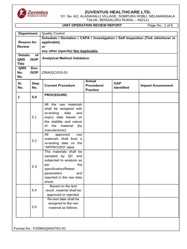 Unit Operation Report Format - 014 | PDF