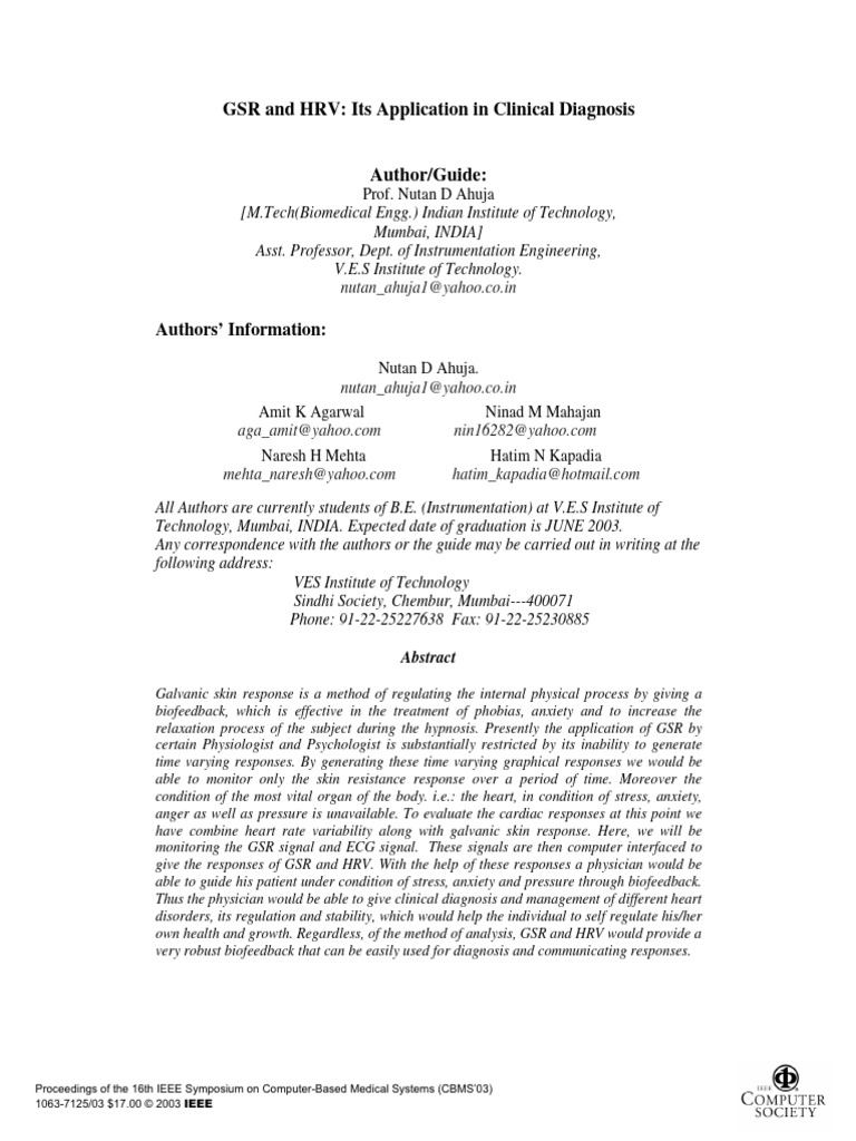 GSR and HRV in Clinical Diagnosis | PDF | Heart Rate | Physiology