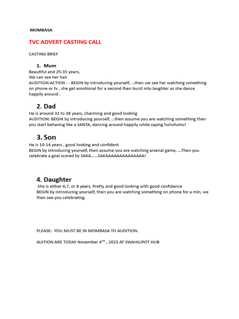 TVC Casting Call | PDF
