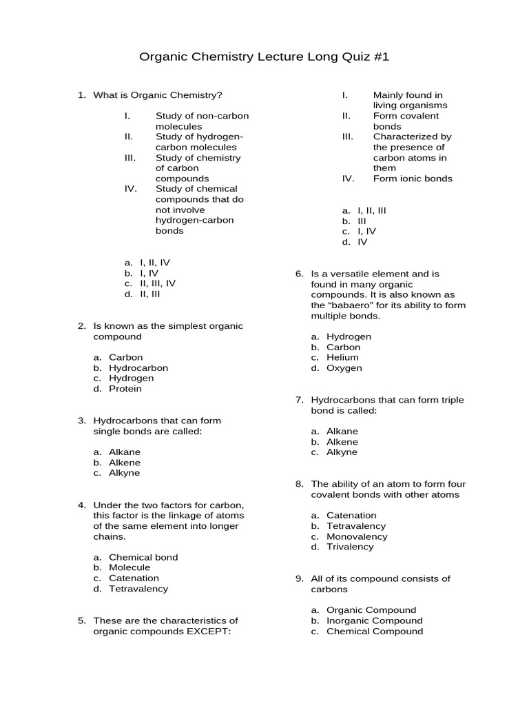 Organic Chemistry Quiz Questions | PDF | Chemical Bond | Chemical Polarity