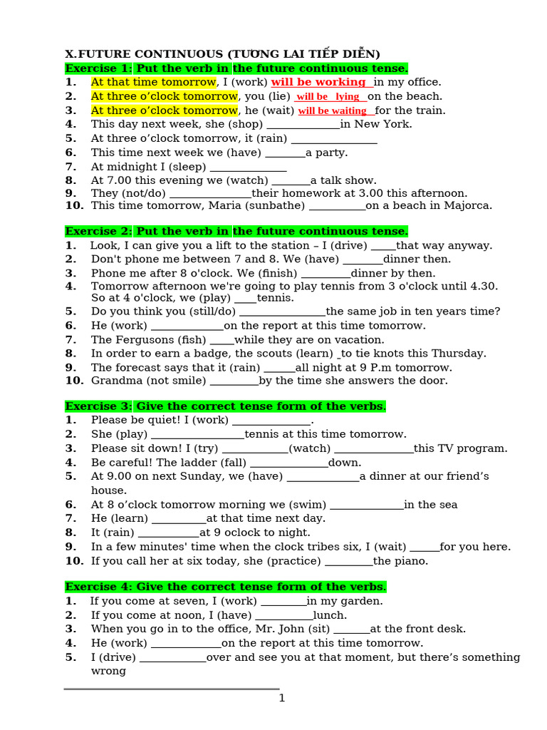 Future Continuous Tense Exercises | PDF