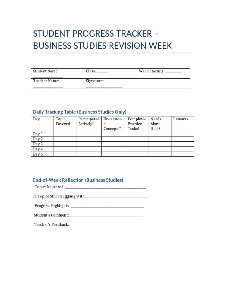 Business Studies Progress Tracker | PDF